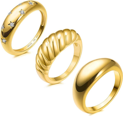 18K Gold Plated Croissant Braided Twisted Signet Chunky Dome Ring Stacking Star Band for Women and Men Statement Wedding Ring Minimalist Jewelry Size 5 to 10 Croissant+Star+Dome-Gold / 10