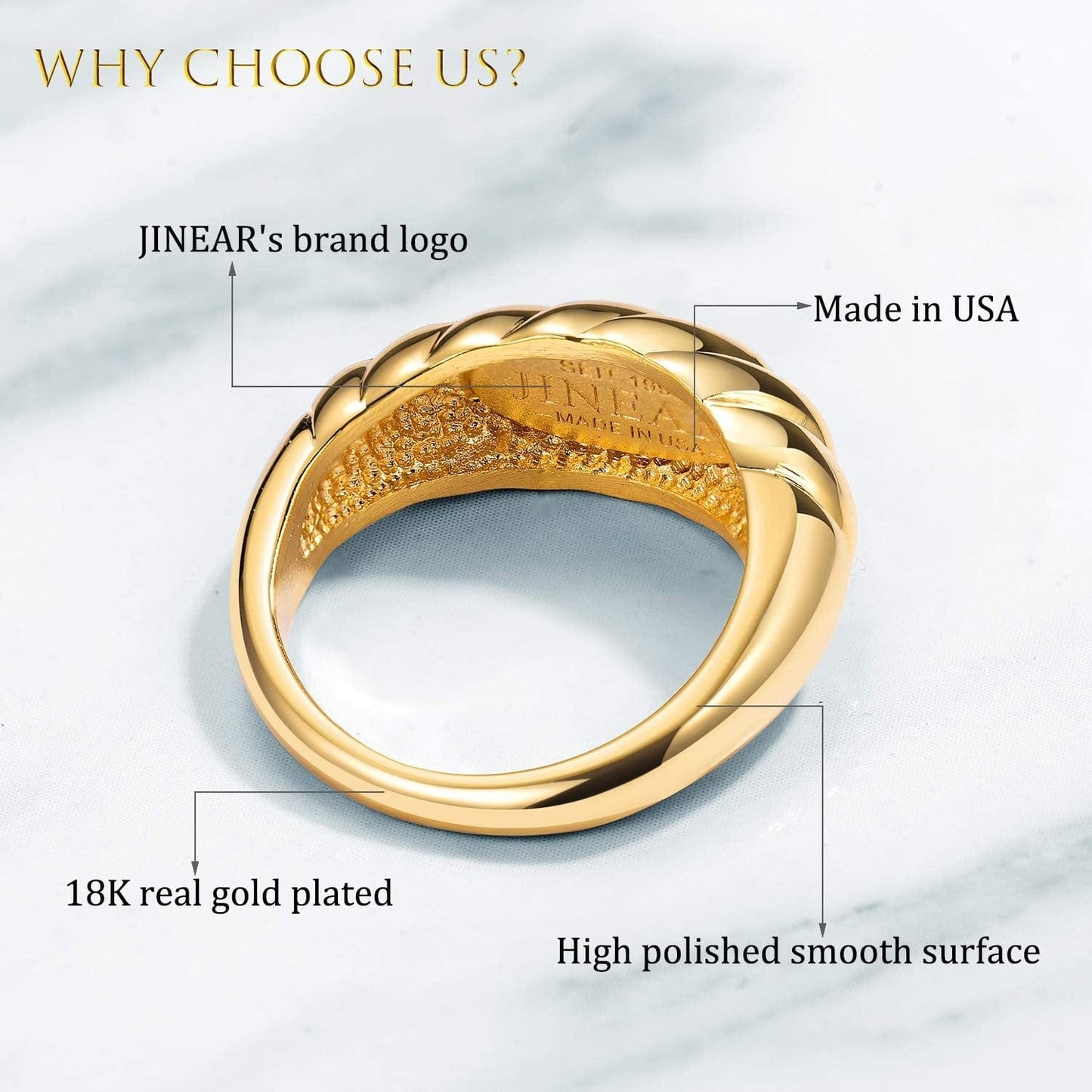 18K Gold Plated Croissant Braided Twisted Signet Chunky Dome Ring Stacking Star Band for Women and Men Statement Wedding Ring Minimalist Jewelry Size 5 to 10