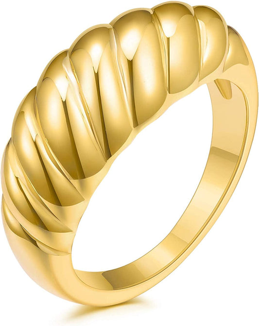 18K Gold Plated Croissant Braided Twisted Signet Chunky Dome Ring Stacking Star Band for Women and Men Statement Wedding Ring Minimalist Jewelry Size 5 to 10 Croissant ring-Gold / 10
