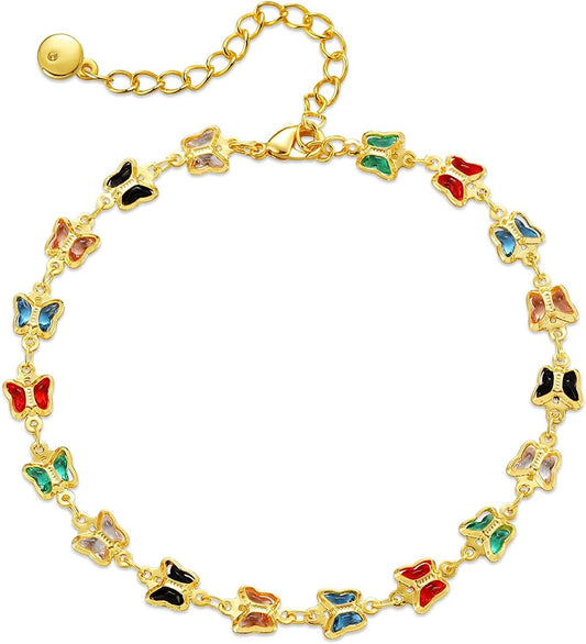 18K Gold Plated Evil Eye/Lucky Elephant/Butterfly/Hand of Fatima Anklet Cross/Tree of Life/Sun Moon Stars/Cubic Zirconia Ankle Bracelets for Women Apparel & Accessories > Jewelry > Anklets Yumikoo Butterfly Anklet  