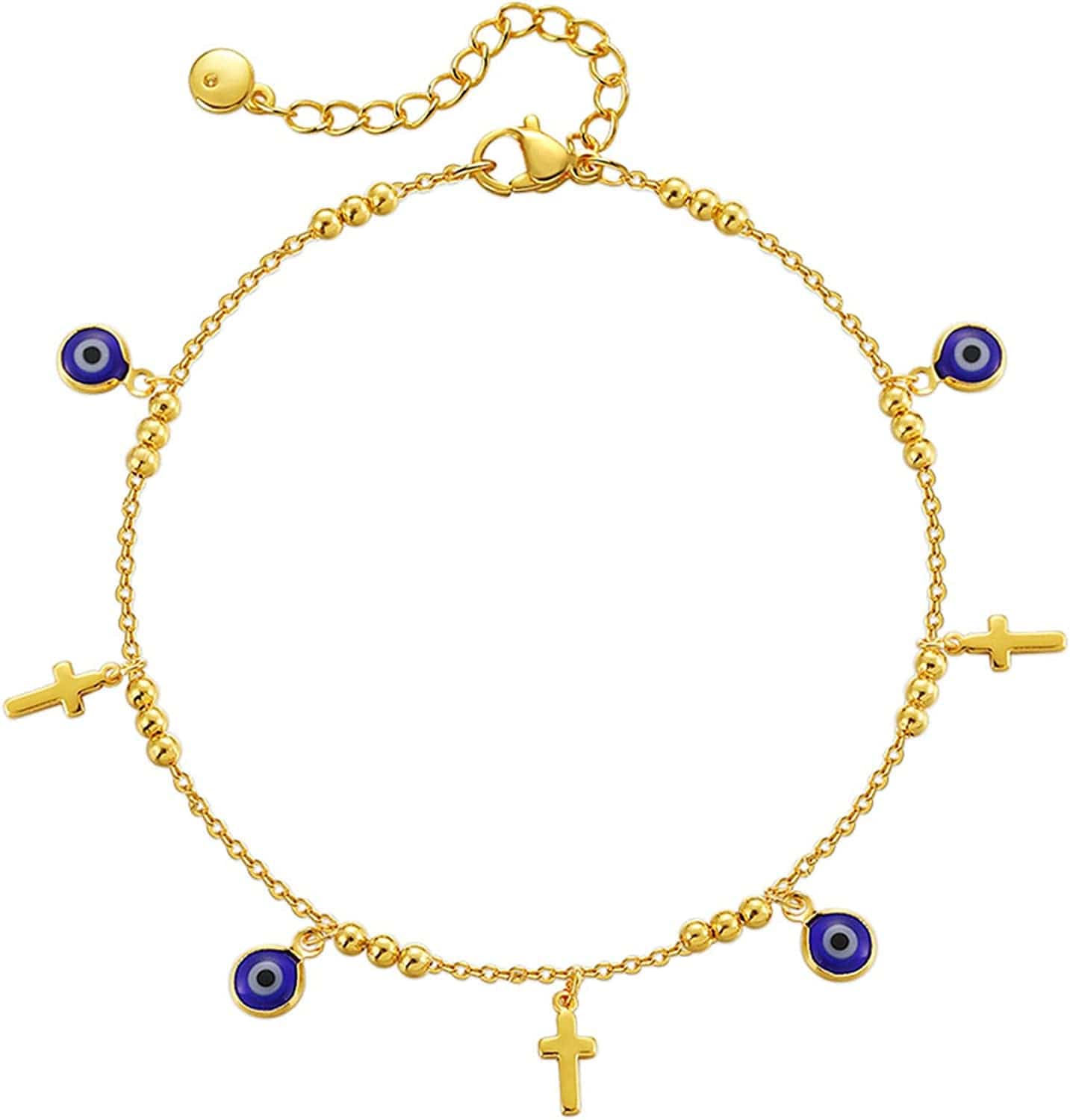 18K Gold Plated Evil Eye/Lucky Elephant/Butterfly/Hand of Fatima Anklet Cross/Tree of Life/Sun Moon Stars/Cubic Zirconia Ankle Bracelets for Women Apparel & Accessories > Jewelry > Anklets Yumikoo Cross Evil Eye Anklet  