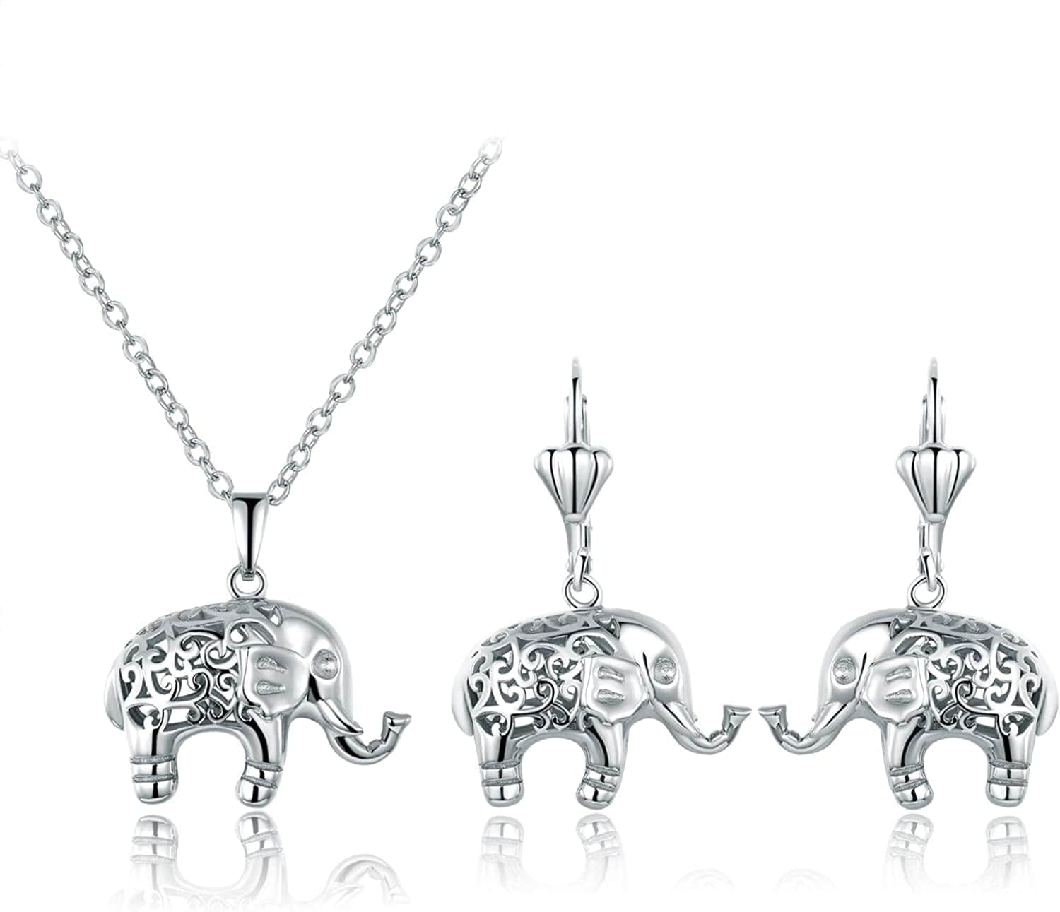 18K Gold Plated Filigree Elephant Earrings and Necklace Jewelry Set White Gold