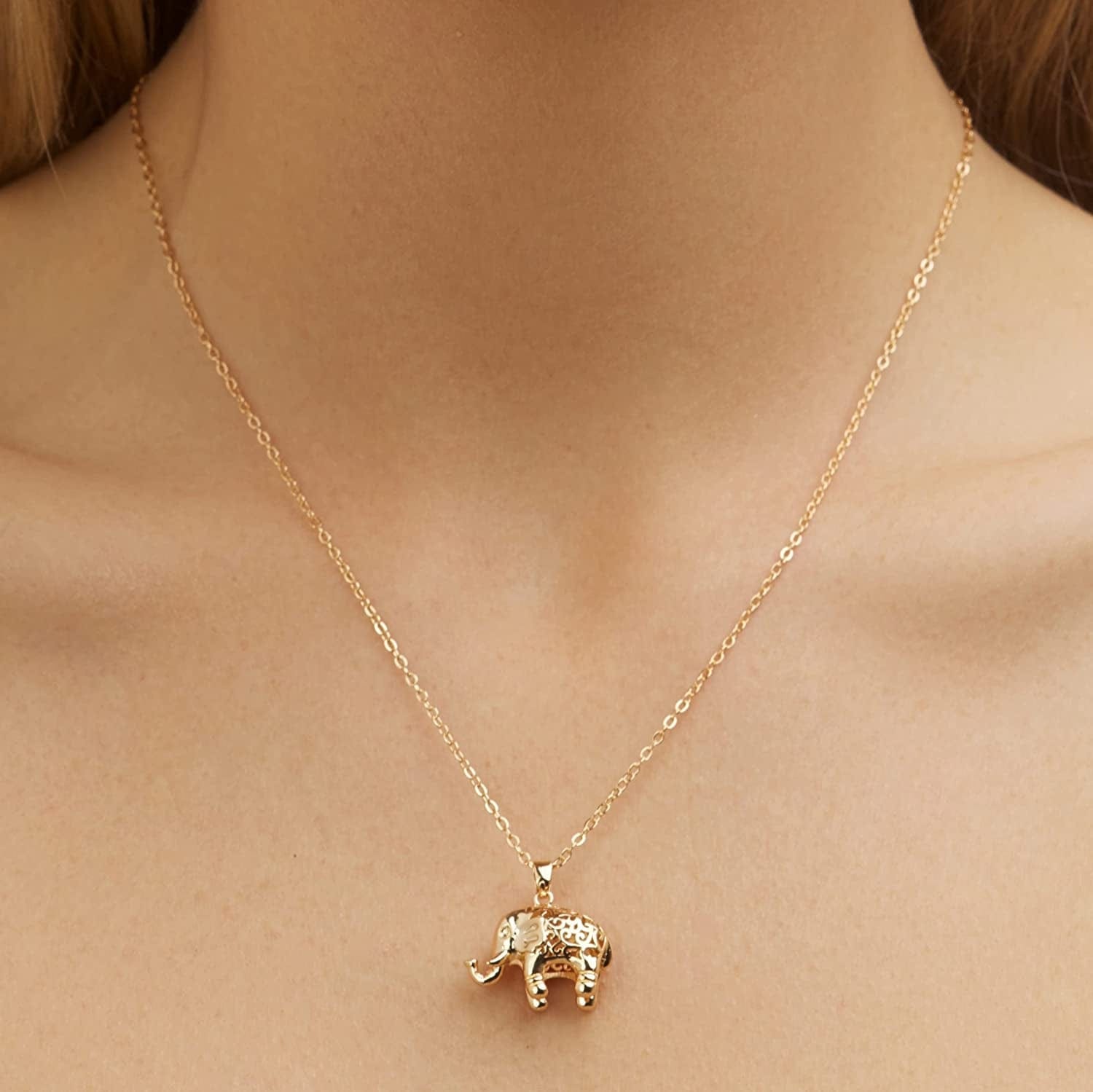 18K Gold Plated Filigree Elephant Earrings and Necklace Jewelry Set