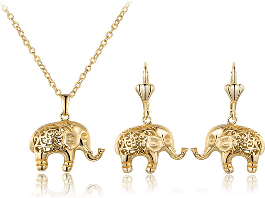 18K Gold Plated Filigree Elephant Earrings and Necklace Jewelry Set Yellow Gold