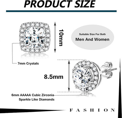 18K Gold Plated Halo Stud Earrings 925 Sterling Silver Cubic Zirconia Stud Earrings round Square Diamonique Stud Earrings Set for Women Men