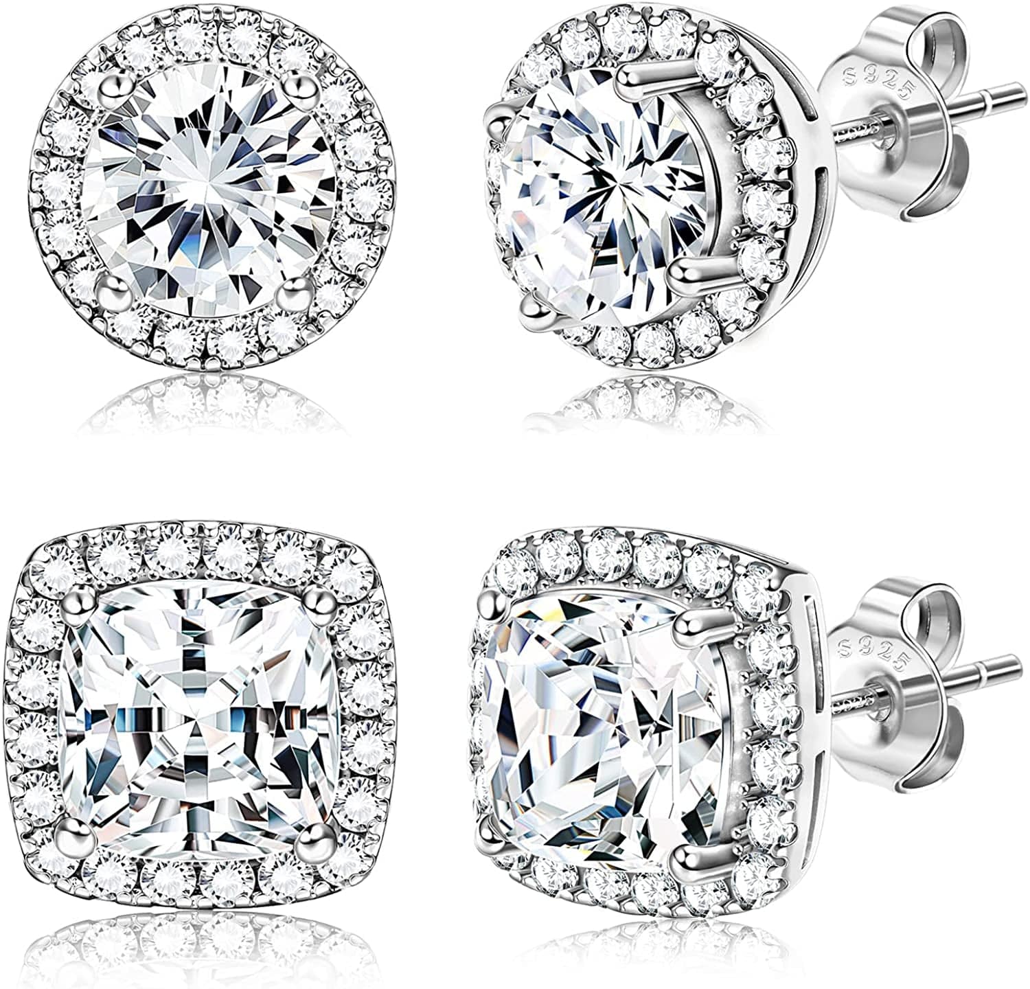 18K Gold Plated Halo Stud Earrings 925 Sterling Silver Cubic Zirconia Stud Earrings round Square Diamonique Stud Earrings Set for Women Men Silver