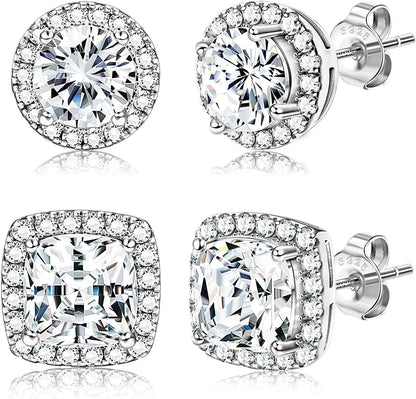 18K Gold Plated Halo Stud Earrings 925 Sterling Silver Cubic Zirconia Stud Earrings round Square Diamonique Stud Earrings Set for Women Men Silver