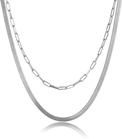18K Gold Plated Herringbone Choker Necklaces Double Layered Snake Chain Necklace Trible Layering Figaro Paper Clip Chain Link Necklace Set Shiny Twisted Rope Chain Necklace for Women 2Layer Paperclip+Snake 5mm-Silver