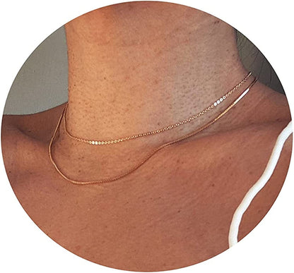18K Gold Plated Herringbone Choker Necklaces Double Layered Snake Chain Necklace Trible Layering Figaro Paper Clip Chain Link Necklace Set Shiny Twisted Rope Chain Necklace for Women 1.5mm Snake+ Ochain-Gold