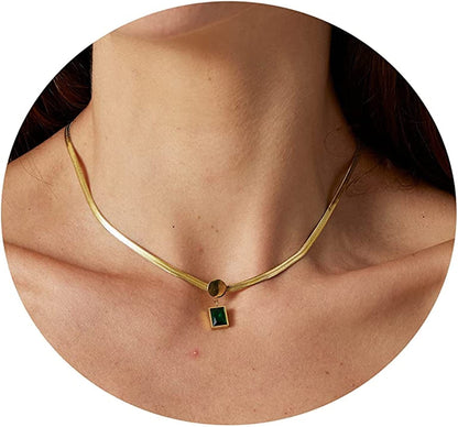 18K Gold Plated Herringbone Choker Necklaces Double Layered Snake Chain Necklace Trible Layering Figaro Paper Clip Chain Link Necklace Set Shiny Twisted Rope Chain Necklace for Women Snake Green CZ-Gold