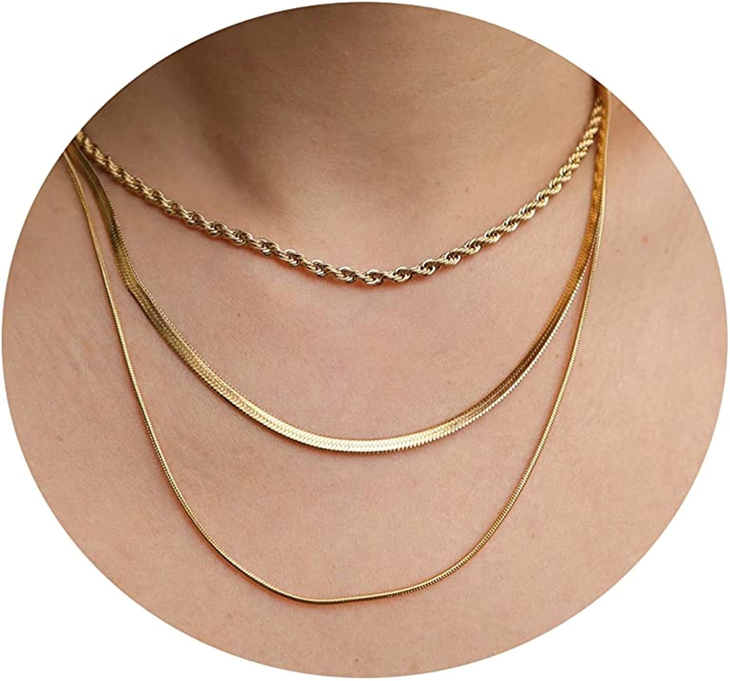 18K Gold Plated Herringbone Choker Necklaces Double Layered Snake Chain Necklace Trible Layering Figaro Paper Clip Chain Link Necklace Set Shiny Twisted Rope Chain Necklace for Women 3Layered Snake+Rope-Gold