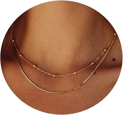18K Gold Plated Herringbone Choker Necklaces Double Layered Snake Chain Necklace Trible Layering Figaro Paper Clip Chain Link Necklace Set Shiny Twisted Rope Chain Necklace for Women Layered Ball+1.5mm Snake-Gold