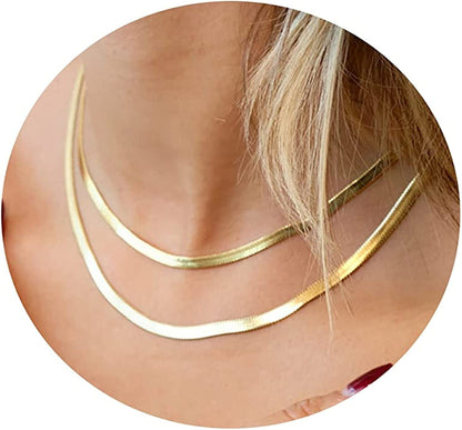 18K Gold Plated Herringbone Choker Necklaces Double Layered Snake Chain Necklace Trible Layering Figaro Paper Clip Chain Link Necklace Set Shiny Twisted Rope Chain Necklace for Women Double layered Snake 5mm