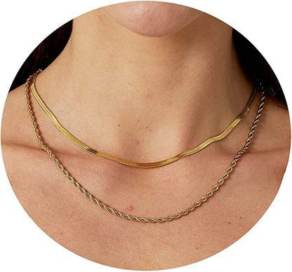 18K Gold Plated Herringbone Choker Necklaces Double Layered Snake Chain Necklace Trible Layering Figaro Paper Clip Chain Link Necklace Set Shiny Twisted Rope Chain Necklace for Women 2Layered Snake 4mm+Twist-Gold