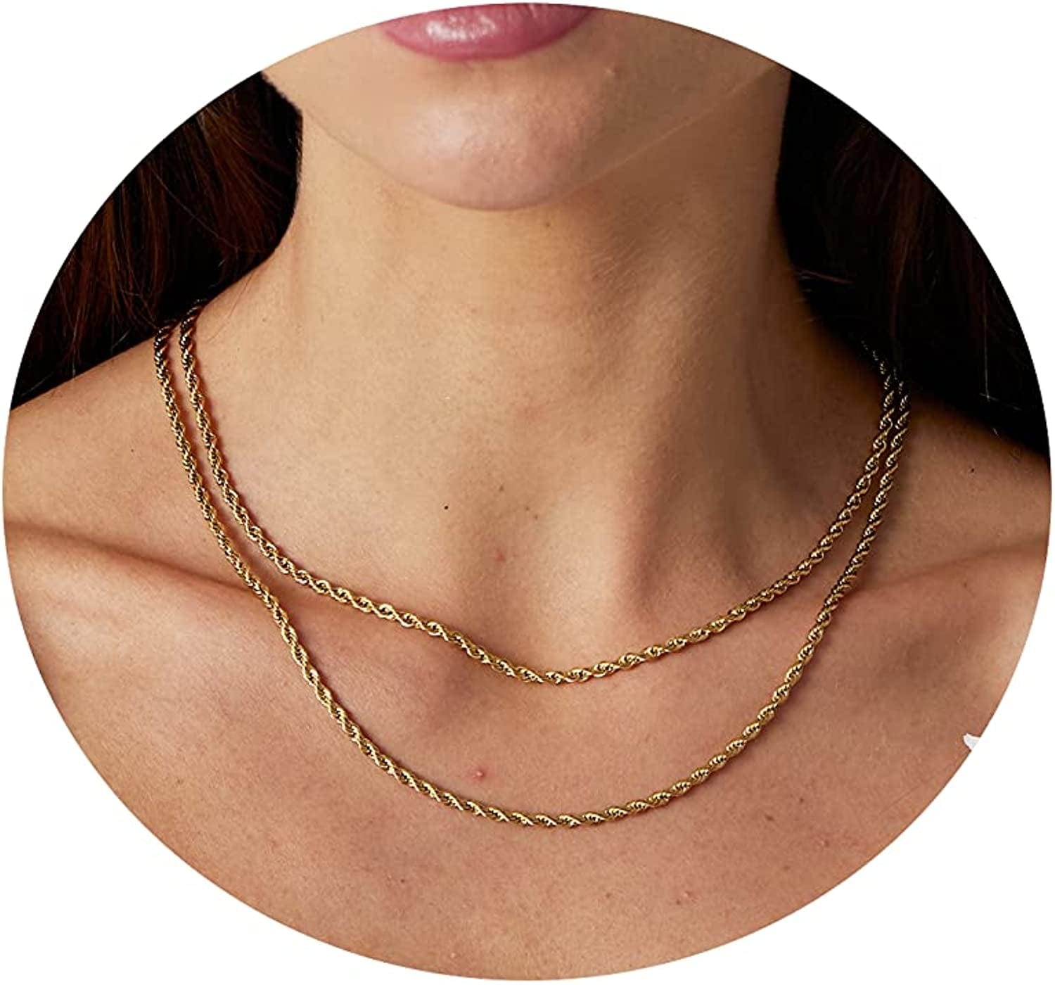 18K Gold Plated Herringbone Choker Necklaces Double Layered Snake Chain Necklace Trible Layering Figaro Paper Clip Chain Link Necklace Set Shiny Twisted Rope Chain Necklace for Women Layered Twisted Rope-Gold