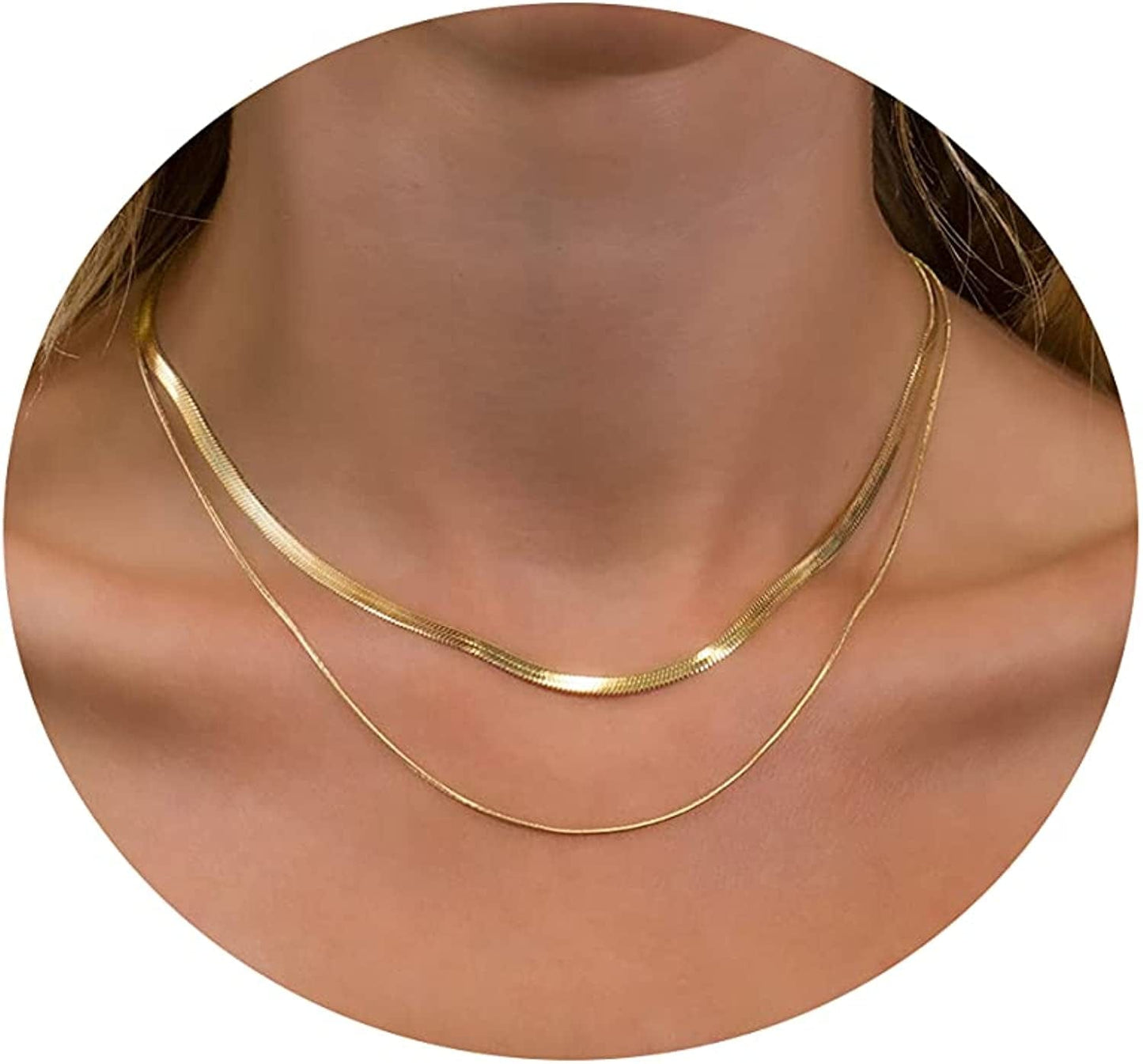 18K Gold Plated Herringbone Choker Necklaces Double Layered Snake Chain Necklace Trible Layering Figaro Paper Clip Chain Link Necklace Set Shiny Twisted Rope Chain Necklace for Women 1-Double layered Snake 3/1.5mm