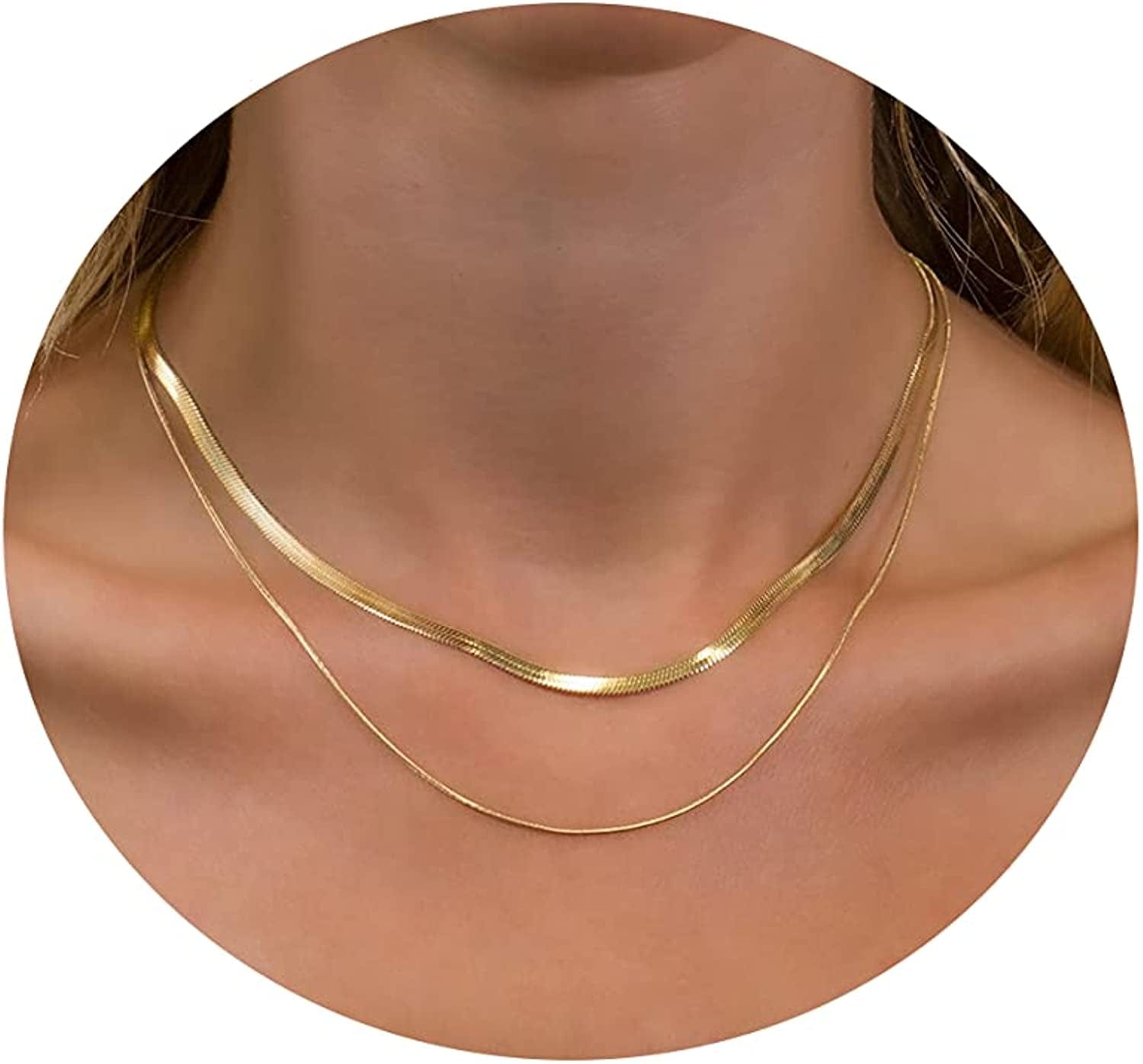 18K Gold Plated Herringbone Choker Necklaces Double Layered Snake Chain Necklace Trible Layering Figaro Paper Clip Chain Link Necklace Set Shiny Twisted Rope Chain Necklace for Women 1-Double layered Snake 3/1.5mm