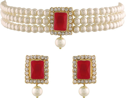18K Gold Plated Indian Wedding Handcrafted Beaded Emerald Choker with Earrings for Women/Girls Red