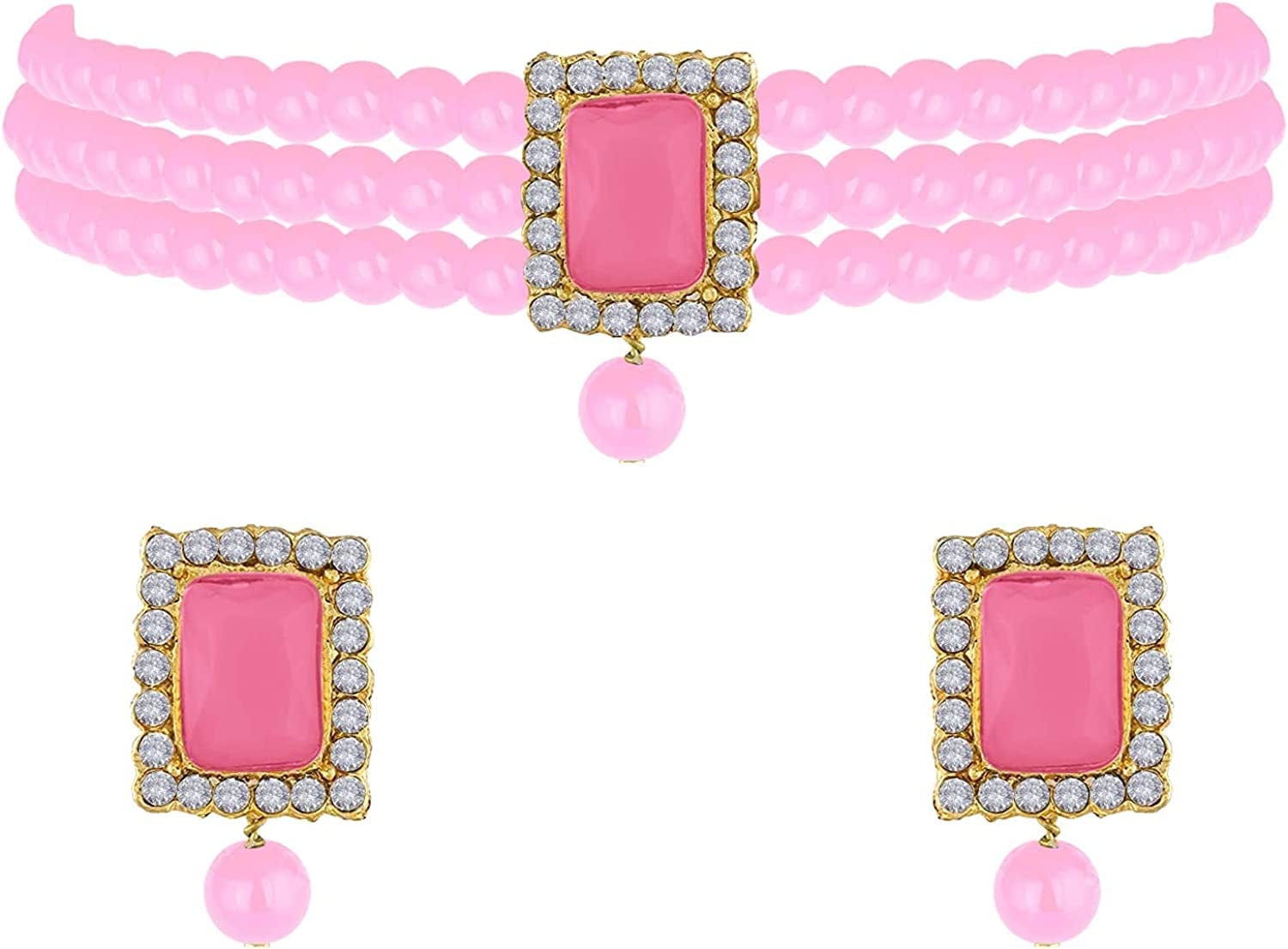 18K Gold Plated Indian Wedding Handcrafted Beaded Emerald Choker with Earrings for Women/Girls Pink