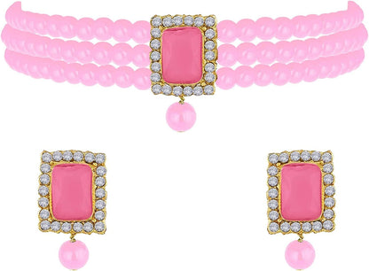18K Gold Plated Indian Wedding Handcrafted Beaded Emerald Choker with Earrings for Women/Girls Pink