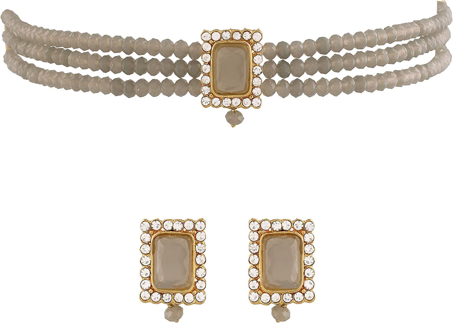 18K Gold Plated Indian Wedding Handcrafted Beaded Emerald Choker with Earrings for Women/Girls Grey