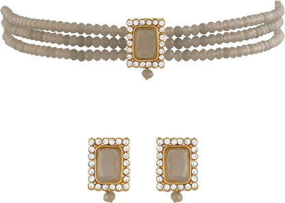 18K Gold Plated Indian Wedding Handcrafted Beaded Emerald Choker with Earrings for Women/Girls Grey