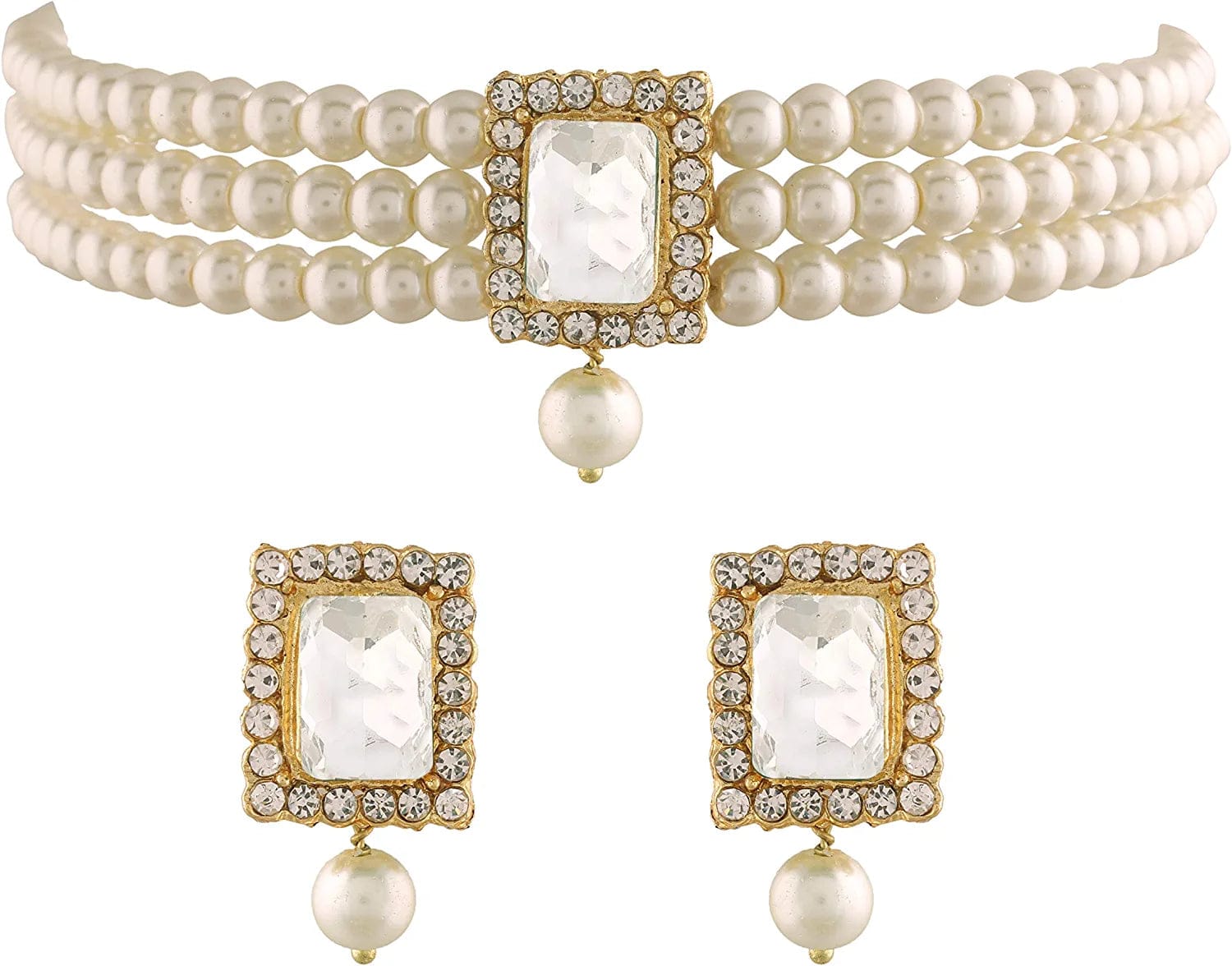 18K Gold Plated Indian Wedding Handcrafted Beaded Emerald Choker with Earrings for Women/Girls White