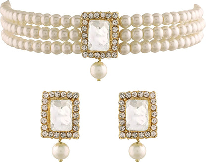 18K Gold Plated Indian Wedding Handcrafted Beaded Emerald Choker with Earrings for Women/Girls White