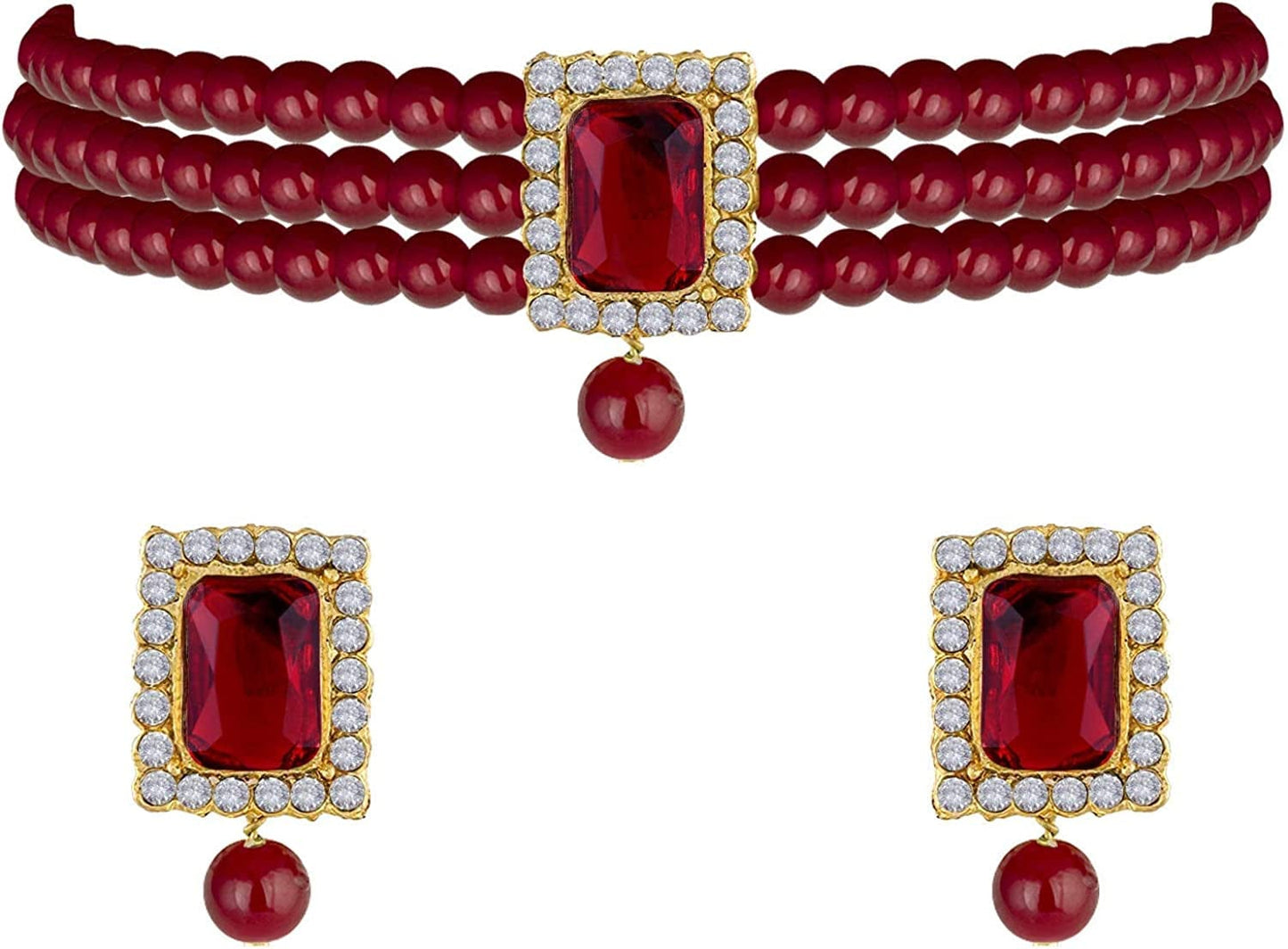 18K Gold Plated Indian Wedding Handcrafted Beaded Emerald Choker with Earrings for Women/Girls Maroon