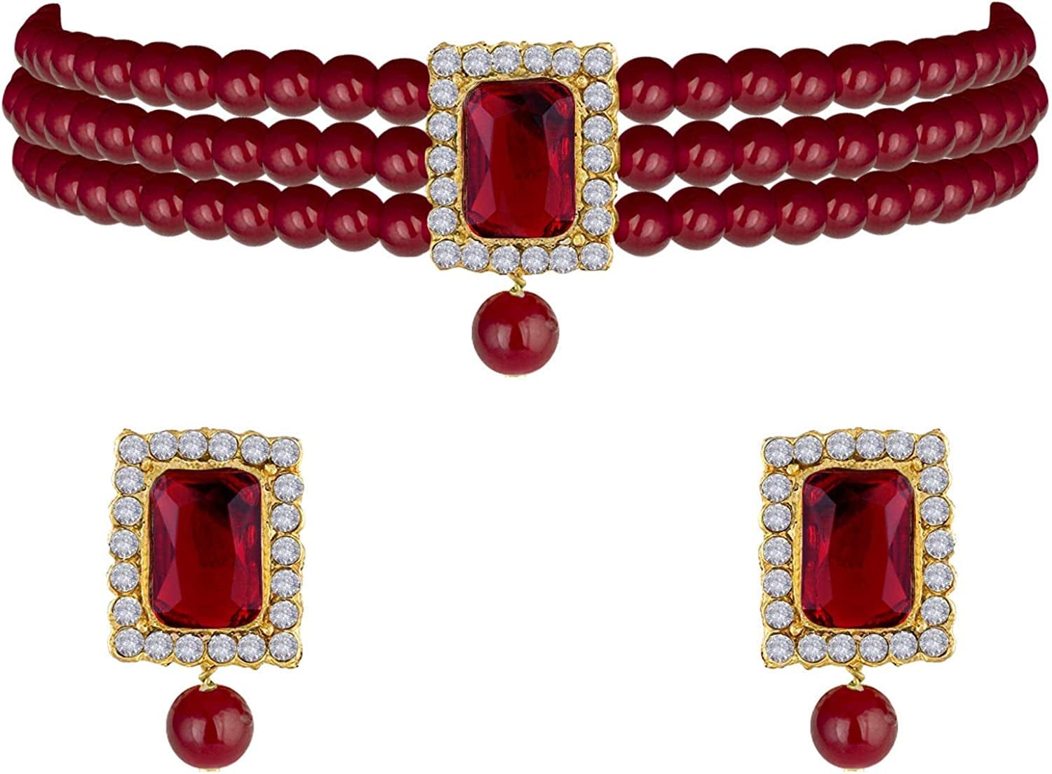 18K Gold Plated Indian Wedding Handcrafted Beaded Emerald Choker with Earrings for Women/Girls Maroon