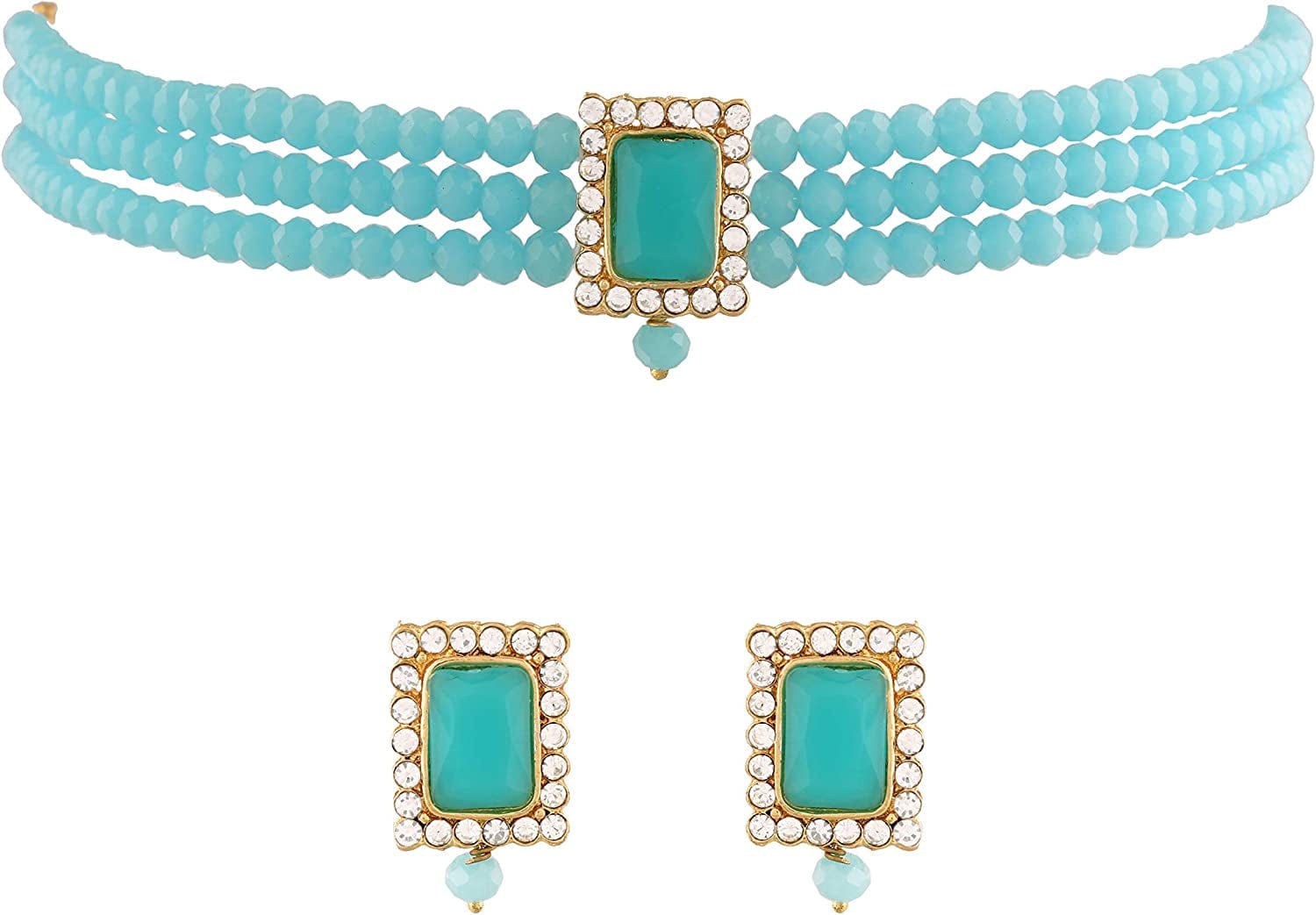 18K Gold Plated Indian Wedding Handcrafted Beaded Emerald Choker with Earrings for Women/Girls Sky Blue