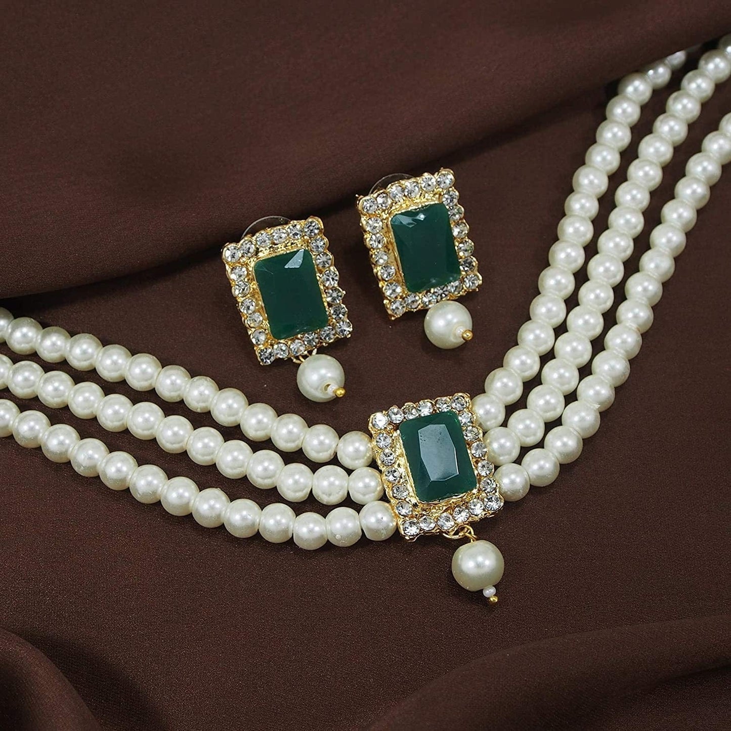 18K Gold Plated Indian Wedding Handcrafted Beaded Emerald Choker with Earrings for Women/Girls