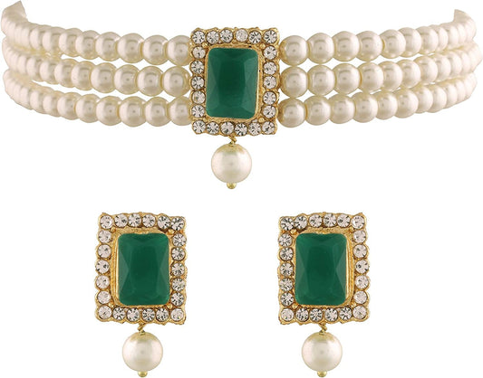 18K Gold Plated Indian Wedding Handcrafted Beaded Emerald Choker with Earrings for Women/Girls Green
