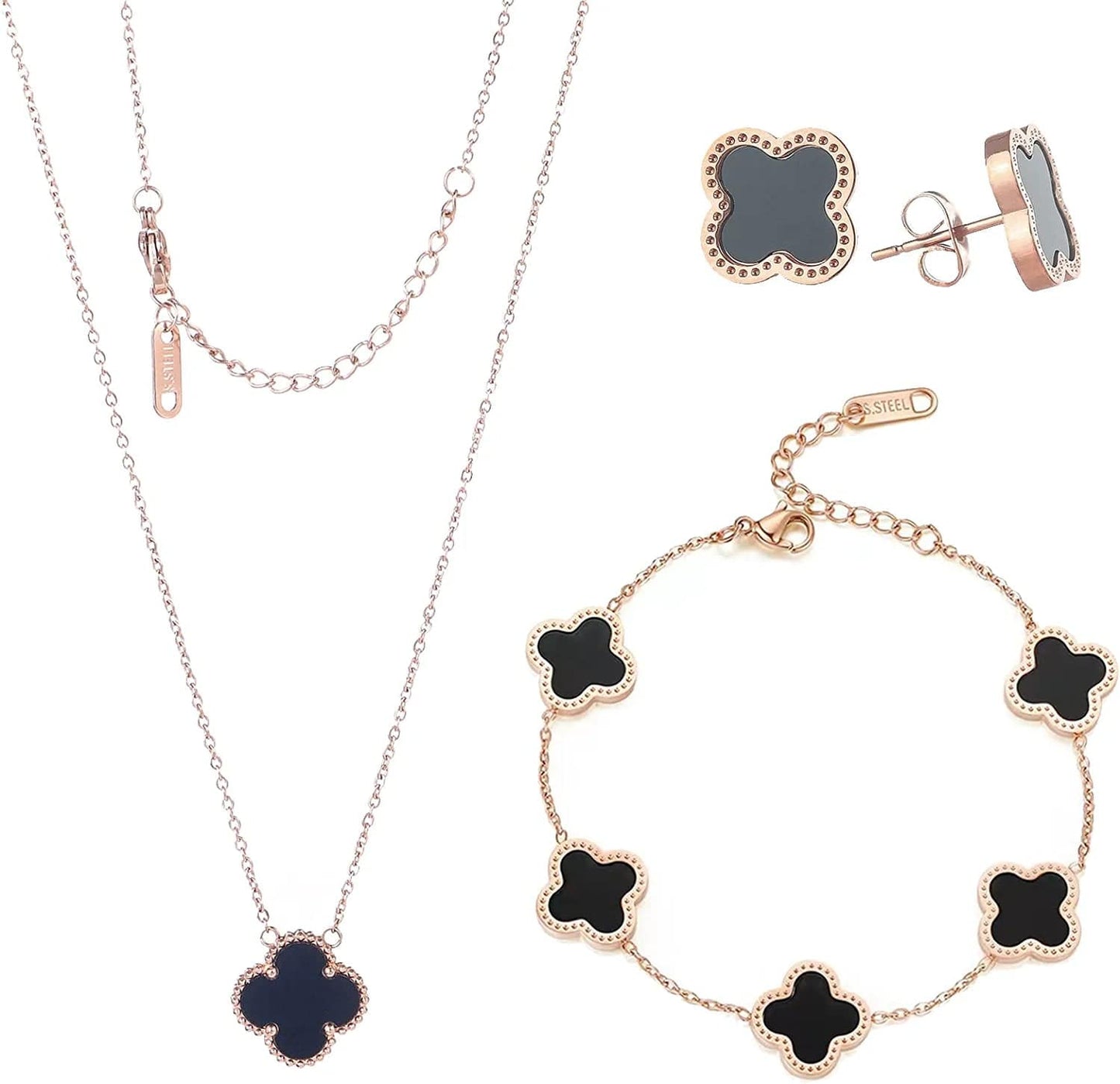 18K Gold Plated Lucky Clover Sets Bracelets Earring Necklace Pendant for Women Fashion Cute Simple Jewelry Womens Girls Gift rose gold-black / 18k gold plated