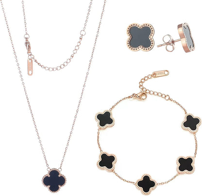 18K Gold Plated Lucky Clover Sets Bracelets Earring Necklace Pendant for Women Fashion Cute Simple Jewelry Womens Girls Gift rose gold-black / 18k gold plated