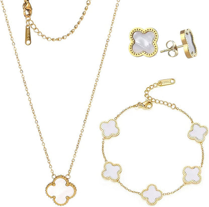 18K Gold Plated Lucky Clover Sets Bracelets Earring Necklace Pendant for Women Fashion Cute Simple Jewelry Womens Girls Gift white / 18k gold plated