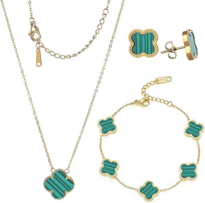 18K Gold Plated Lucky Clover Sets Bracelets Earring Necklace Pendant for Women Fashion Cute Simple Jewelry Womens Girls Gift green / 18k gold plated