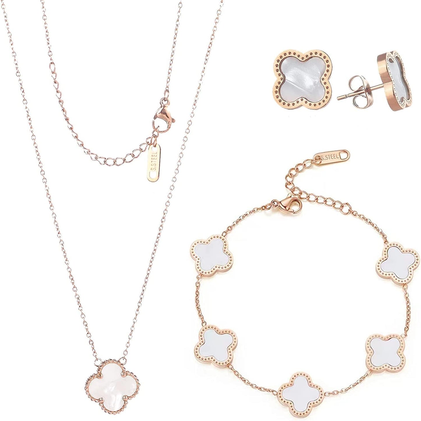 18K Gold Plated Lucky Clover Sets Bracelets Earring Necklace Pendant for Women Fashion Cute Simple Jewelry Womens Girls Gift rose gold-white / Rose Gold