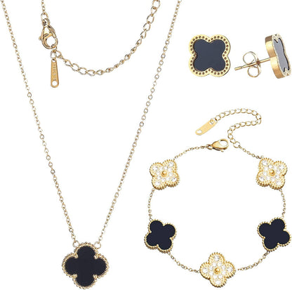 18K Gold Plated Lucky Clover Sets Bracelets Earring Necklace Pendant for Women Fashion Cute Simple Jewelry Womens Girls Gift Rhinestones-Gold Black / 18k gold plated