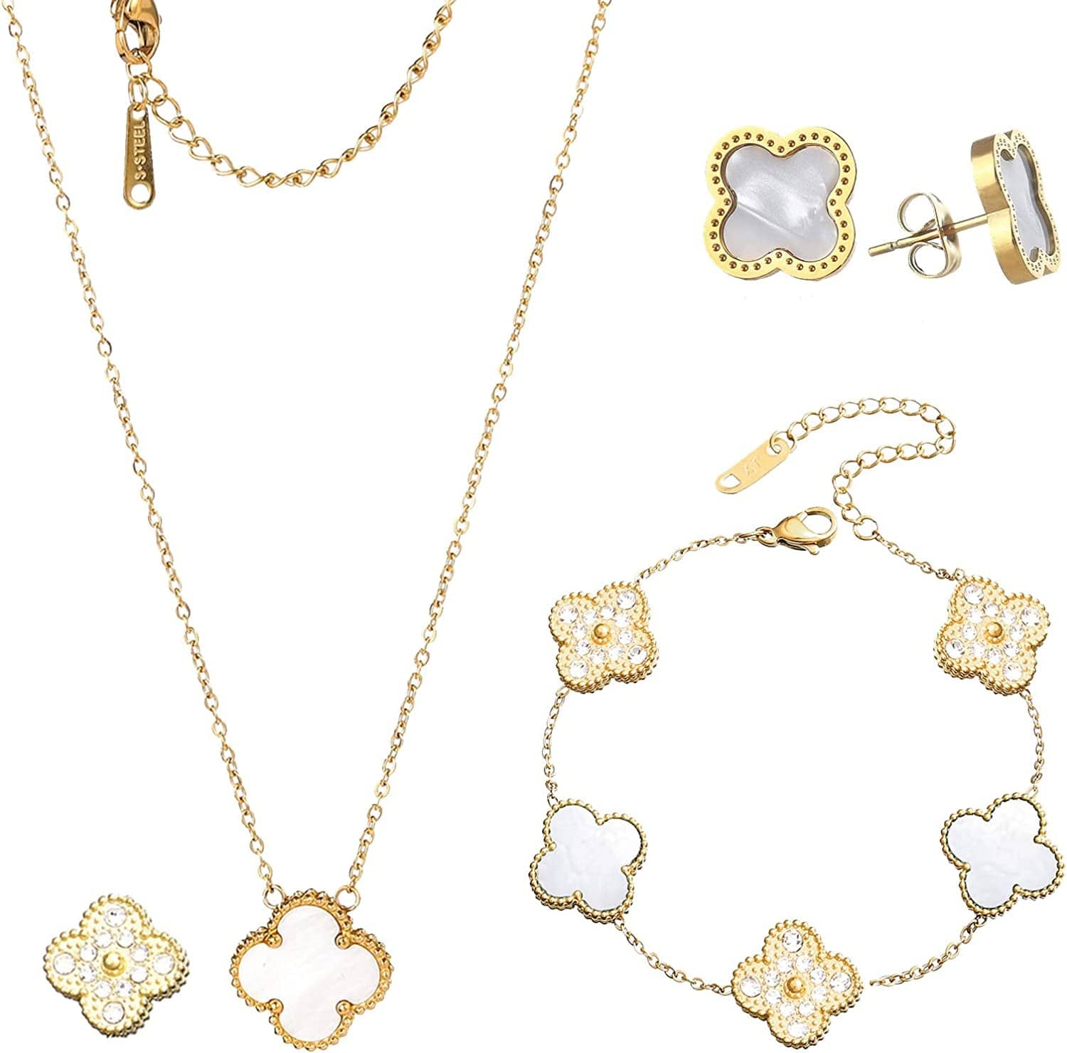 18K Gold Plated Lucky Clover Sets Bracelets Earring Necklace Pendant for Women Fashion Cute Simple Jewelry Womens Girls Gift Rhinestones-Gold White / 18k gold plated