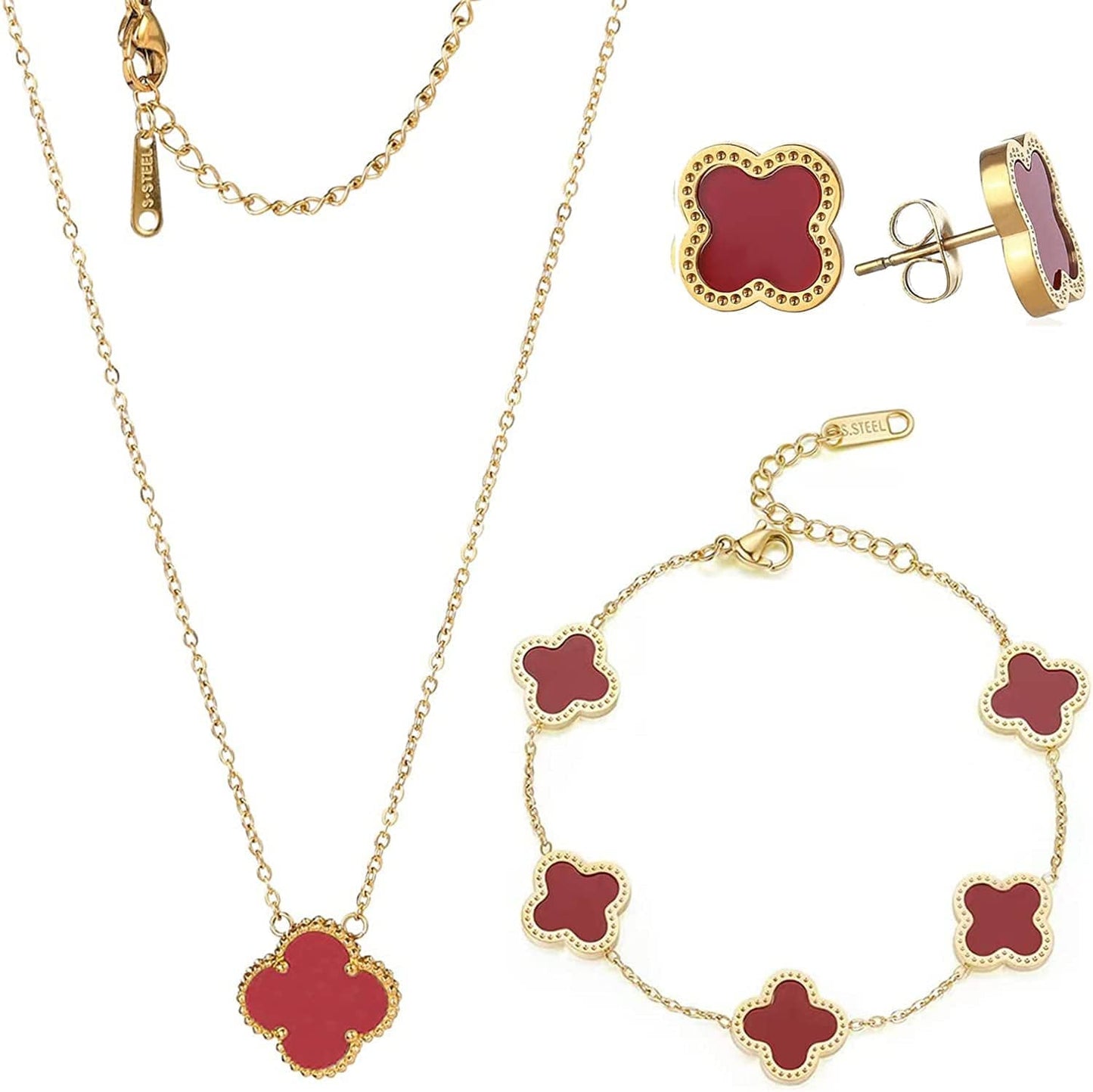 18K Gold Plated Lucky Clover Sets Bracelets Earring Necklace Pendant for Women Fashion Cute Simple Jewelry Womens Girls Gift red / 18k gold plated