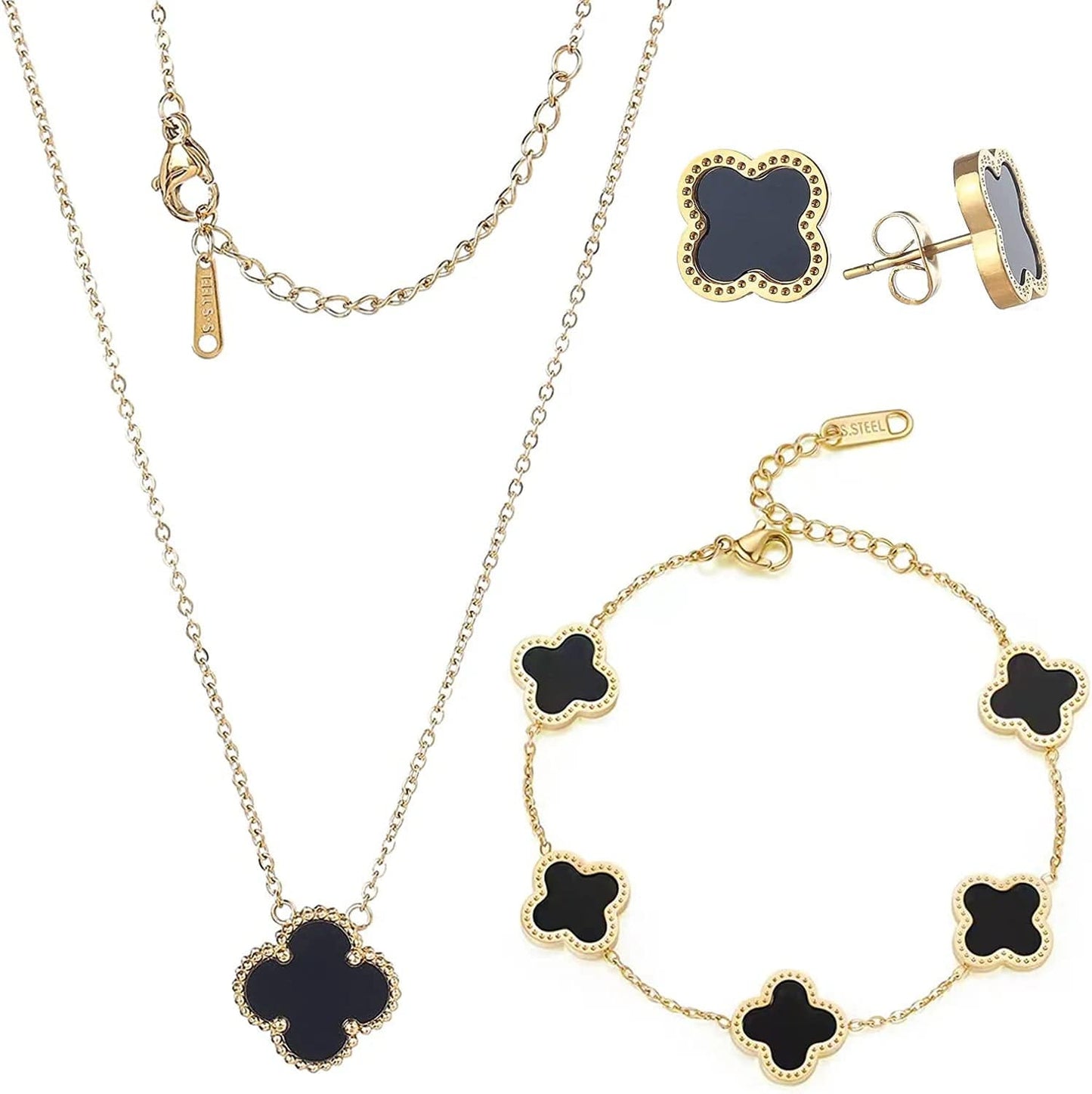 18K Gold Plated Lucky Clover Sets Bracelets Earring Necklace Pendant for Women Fashion Cute Simple Jewelry Womens Girls Gift black / 18k gold plated