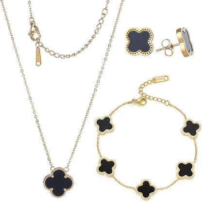 18K Gold Plated Lucky Clover Sets Bracelets Earring Necklace Pendant for Women Fashion Cute Simple Jewelry Womens Girls Gift black / 18k gold plated