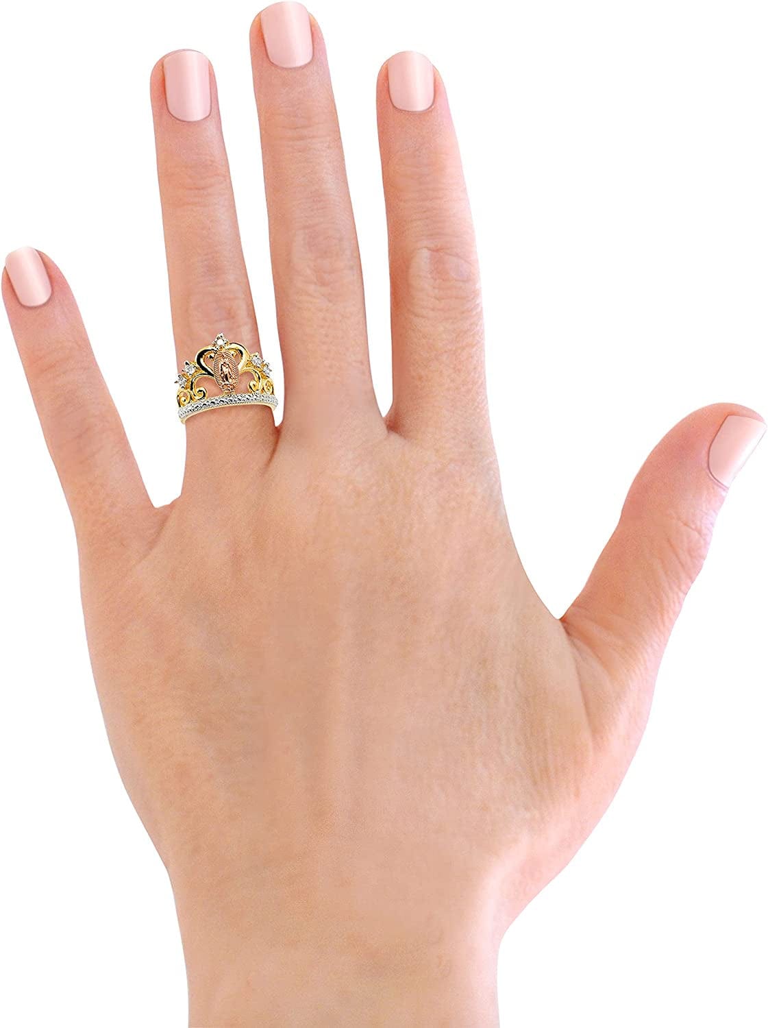 18K Gold Plated Yellow & Rose Color Lady of Guadalupe Virgin Mary with round Cut Cubic Zirconia Women'S Girl'S Religious Crown Ring