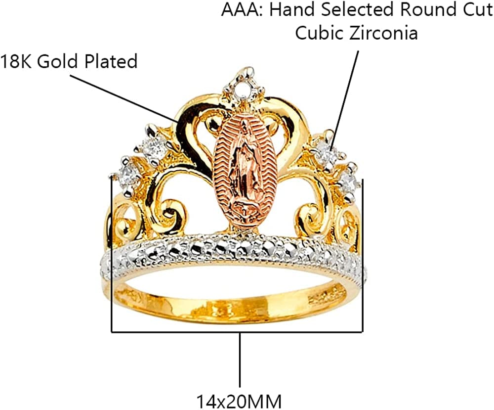 18K Gold Plated Yellow & Rose Color Lady of Guadalupe Virgin Mary with round Cut Cubic Zirconia Women'S Girl'S Religious Crown Ring