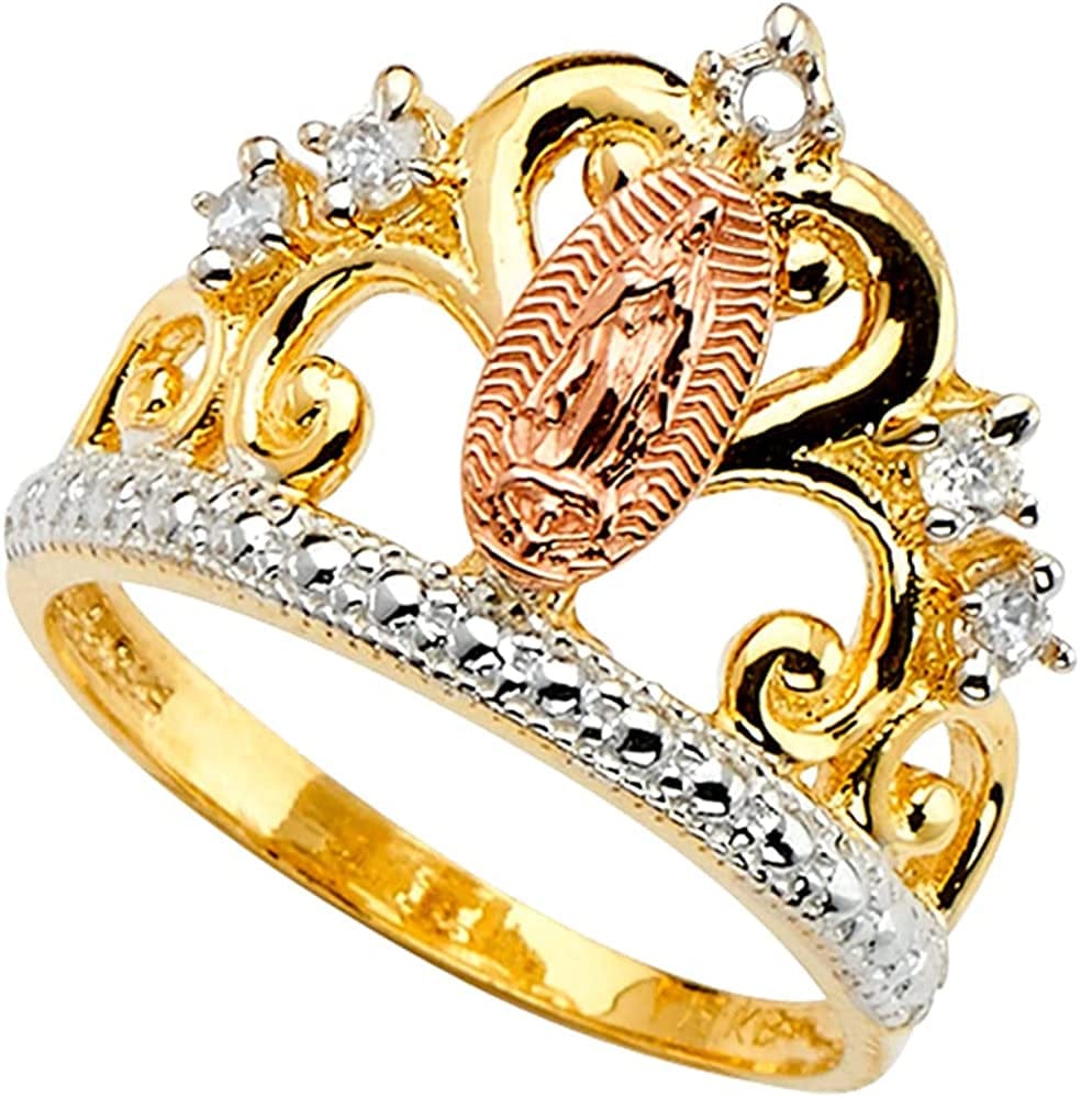 18K Gold Plated Yellow & Rose Color Lady of Guadalupe Virgin Mary with round Cut Cubic Zirconia Women'S Girl'S Religious Crown Ring