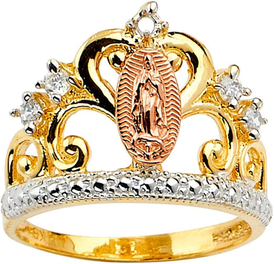 18K Gold Plated Yellow & Rose Color Lady of Guadalupe Virgin Mary with round Cut Cubic Zirconia Women'S Girl'S Religious Crown Ring 8