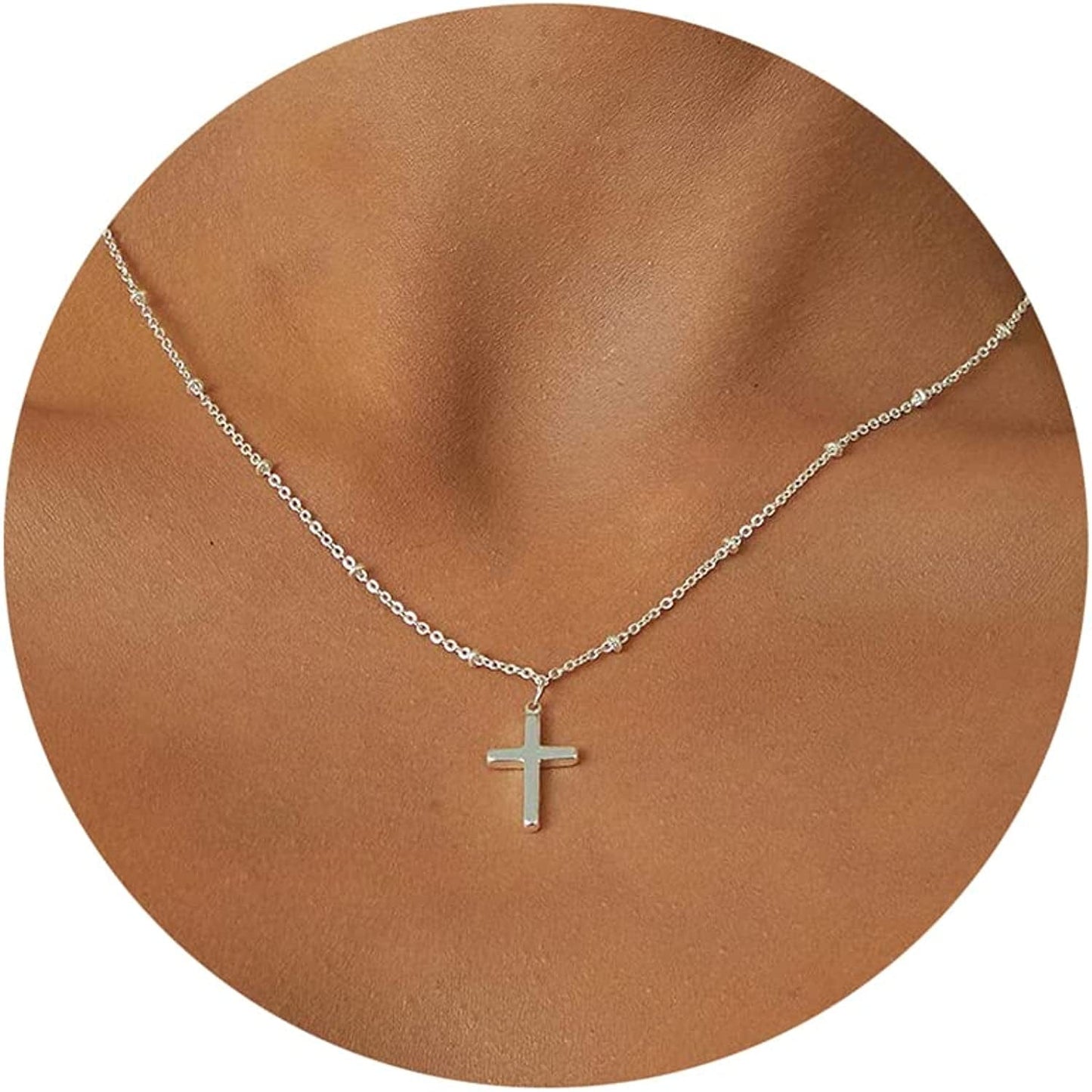 18K Gold/Silver Plated Simple Evil Eye Turquoise Cross Pendant Choker Necklace Simple Tiny Necklace for Women Girls Beaded Cross Pendant Silver