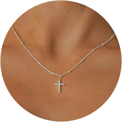 18K Gold/Silver Plated Simple Evil Eye Turquoise Cross Pendant Choker Necklace Simple Tiny Necklace for Women Girls Beaded Cross Pendant Silver