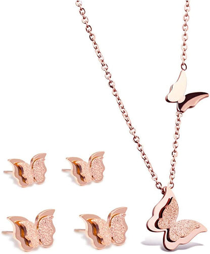 18K Rose Gold Butterfly Stud Earrings Necklace Set for Women large earring + small earring + necklace